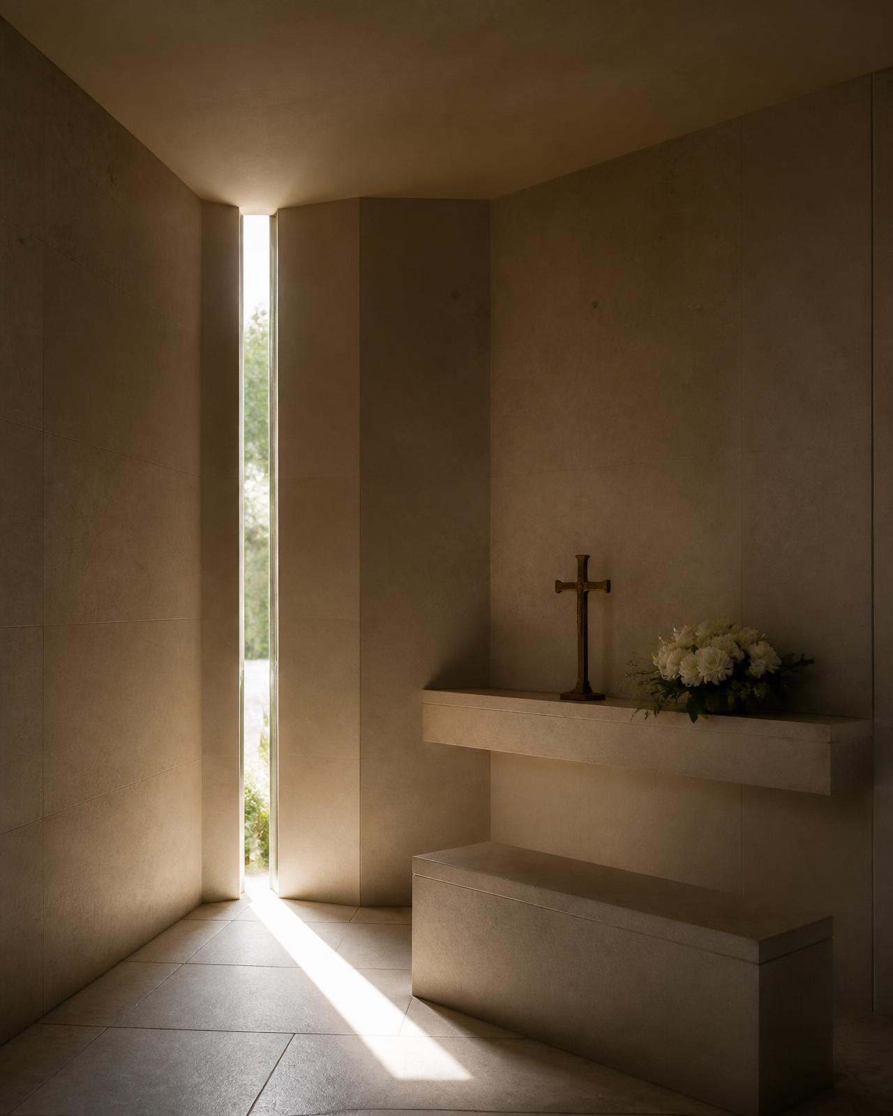 Interior del panteón con cripta abovedada en piedra