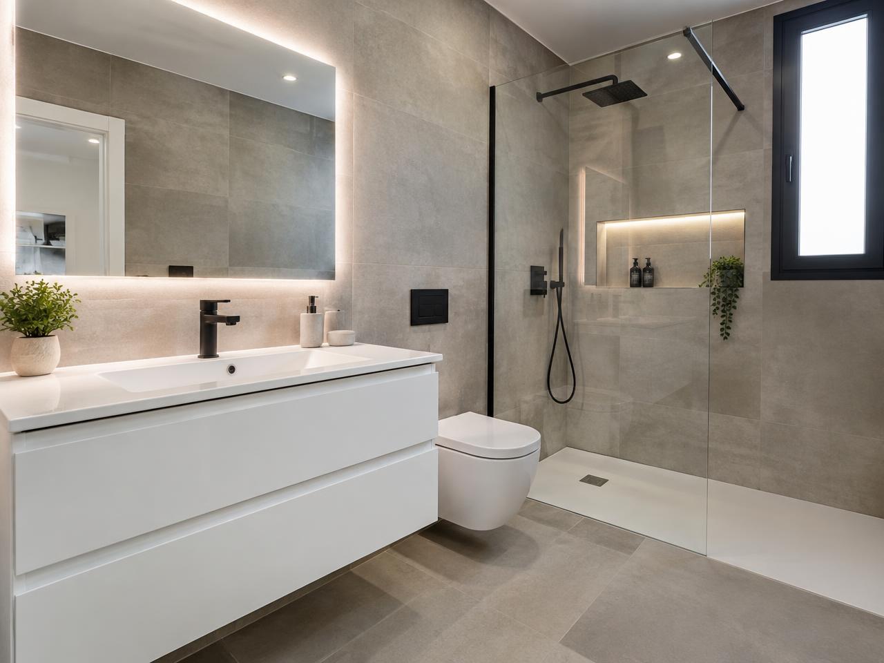 Baño con cerámica de gran formato y ducha a ras de suelo