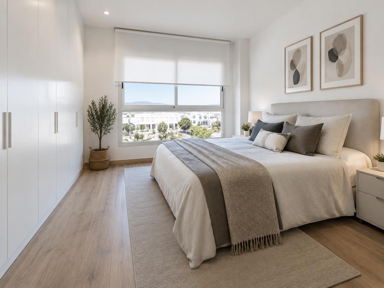 Dormitorio principal con armario empotrado de la vivienda de obra nueva